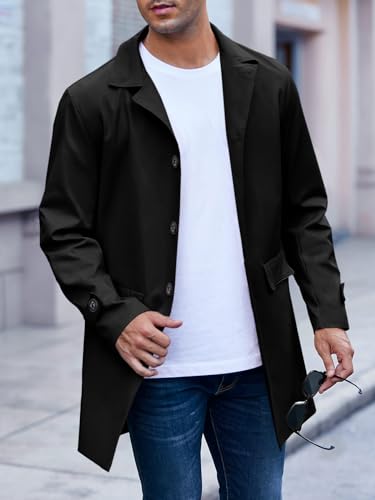 Mens Trench Coat Slim Fit Single Breasted Casual Long Jacket Lightweight Lapel Fall Windbreaker Overcoat3