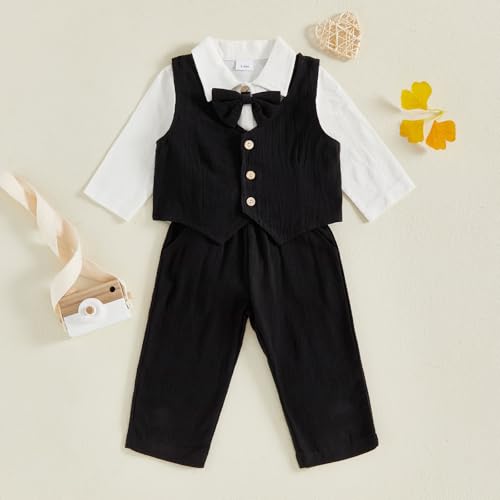 Newborn Baby Boy Dress Clothes Long Sleeve Romper Shirt Bowtie Waistcoat Suspender Pants Set Suit Fall Outfits3
