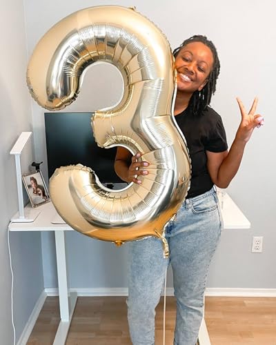 Image of Light Gold Number 3 Balloon 40 Inch, 3rd Birthday Celebration Supplies Women Men, 3 Balloon for Theme Party