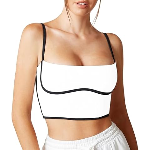 Move With You Sleeveless Spaghetti Strap Padded Sports Bra Tank Tops Square Neck Double Layer Workout Fitness Basic Crop Tops(White,S) Cover