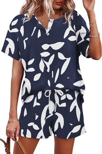 Image of WIHOLL Two Piece Outfits for Women Lounge Sets Button Down Top and Shorts Set Sweatsuits with Pockets