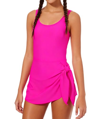 Cuddomper Girl Swimsuit Hot Pink One Piece Swim Dress Adjustable Straps Bathing Suit with Pad Vacation Beach Modest Swimwear Size 13-14