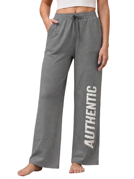 AA Fashion Women Printed Grey Track Pants | Drawstring Waistband, Side Letter Print, Wide Leg Fit, With Pockets, Casual Wear-image-2