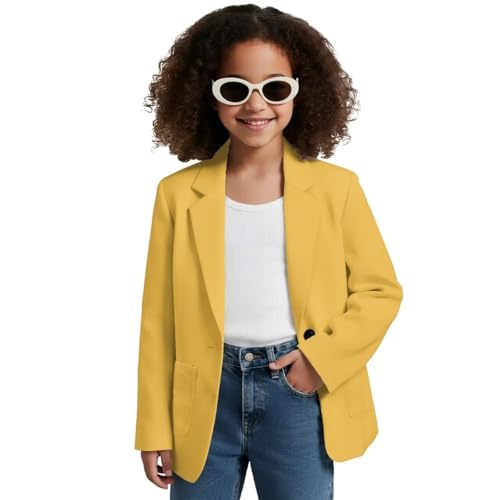 Qnxretky Girls Yellow Blazer Size 8T Girls Blazer Chic Suits Cute Blazers Fashion Jackets Formal Coats Presentation Clothes Open Front Blazers with Pockets School Event for Girl