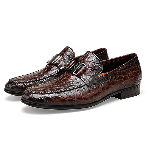 Image of Mens Leather Penny Loafers, Classic Crocodile Printed Business Dress Shoes with Metal Buckle Slip on Penny Shoes for Mens