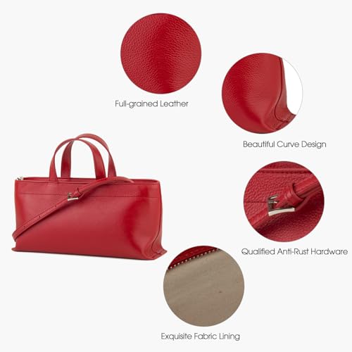 Image of DONNAIN Premium Full Grained Leather Simple Tote Handbag for Women, Shoulder Crossbody Bag with Adustable Shoulder Strap (Red, Small)
