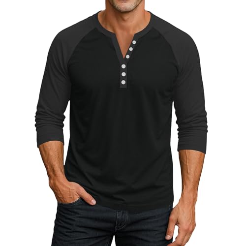 3/4 Sleeve T Shirts for Men Summer Crewneck Button Up Henley Shirt Colorblock Business Casual Tops3