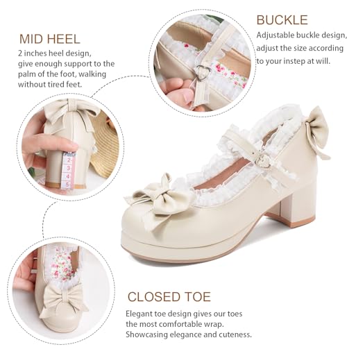 Image of LUXMAX Women Kawaii Mid Block Heel Mary Jane Rockabilly Pumps with Bow Platform Chunky Heel Cute Sweet Shoes