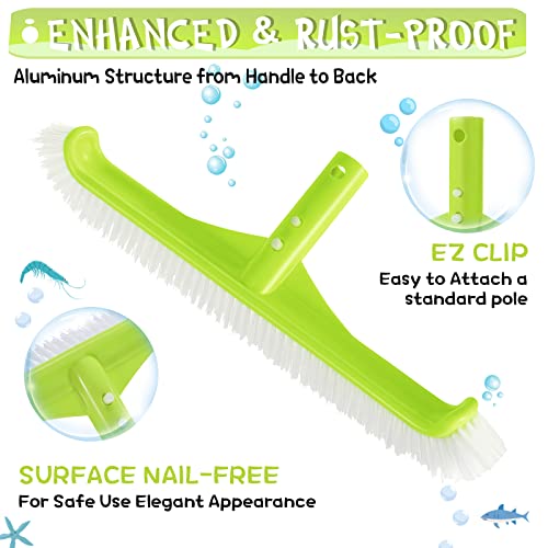 Professional Swimming Pool Wall & Tile Brush ,17.5" Curved Edge Heavy Duty Reinforced Pool Brush Head For Cleans Walls, Tiles & Floors, Premium Nylon Bristles With Ez Clips (Green) #TOP2