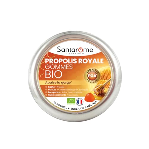 Santarome Bio - Gommes Propolis Bio - Apaise la gorge - Complément alimentaire immunité - Plantes & Propolis - 45 Gommes à mâcher - France