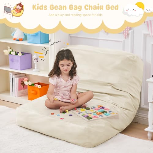 Kids Bean Bag Chair Bed - Convertible Lazy Chair to Floor Mattress with Filler - Small Beanbag Chair for Boys and Girls - Floor Couch Sofa in Bedroom, Classroom, Reading Nook - Beige
