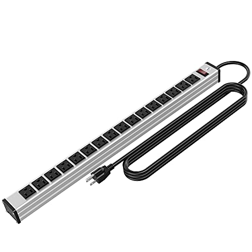Oviitech 16 Outlets Heavy Duty Metal Socket Power Strip 15-Foot Long Extension Cord with Circuit Breaker. Mounting Brackets Included Workshop/Industrial use ETL Certified Black
