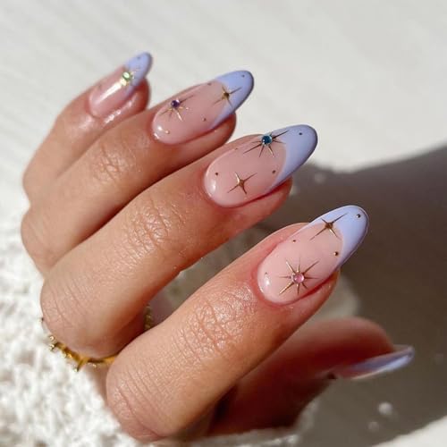 Moguri 24 uñas largas prensadas en forma de almendra, azul claro con diseño de estrella y estrás, juego de pegamento para uñas, almohadillas de alcohol, lima y palitos de madera, uñas postizas para