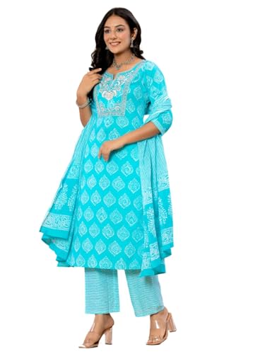 Image of Amayra Women's Cotton Embroidered Straight Kurta with Palazzo Pant and Dupatta Set