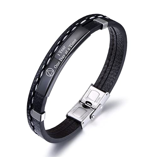 Personalised Nüchternheit Geschenke Schmuck - Inspiriertes Leder Armband Nüchtern Chirurgie Wiederherstellung Armreif Alkoholiker Anonyme Sucht Jubiläumsgeschenk, 1,2,3,4,5,6,7,8,9 Jahre,Schwarz Cover