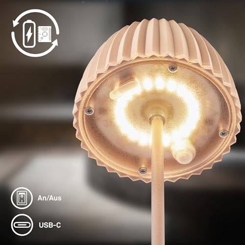 BRILONER - Riffle Mini LED Tischlampe kabellos IP44 mit Lichtkante, Touchdimmer, Akku tauschbar, Nachttischlampe, LED Lampe, Akku Lampe, German Design Award Winner 2025, 8,5 x 20 cm, Beige