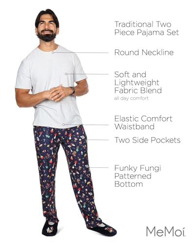 MeMoi Men's Mushrooms Two Piece PJ Set in a Bag Bright Navy M3