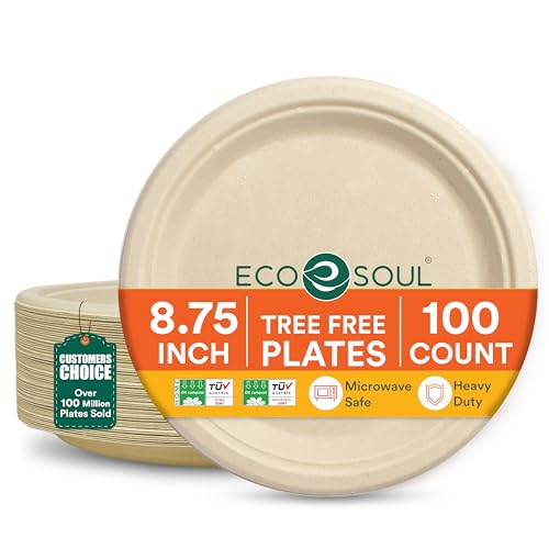 ECO SOUL Compostable Paper Plates 8.75 Inch 100 Pack Heavy Duty Disposable Dinner Paper Plates Natural Bagasse Leak-Resistant Microwave Safe Eco-Friendly Round Plates for Parties & Catering