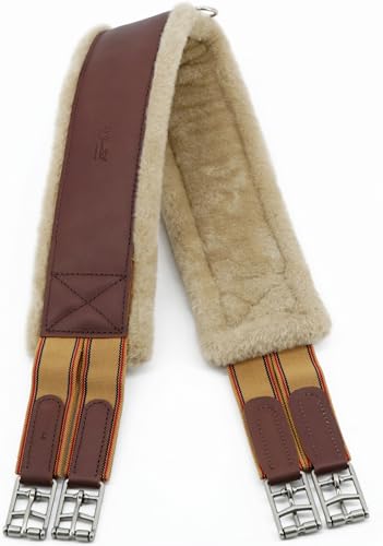Jeereal Fleece English Girth | Breathable Horse Girth for English Saddle with Double Heavy Duty Elastic - Genuine Leather and High-Strength Webbing Stitched (Coffee-Brown, 48