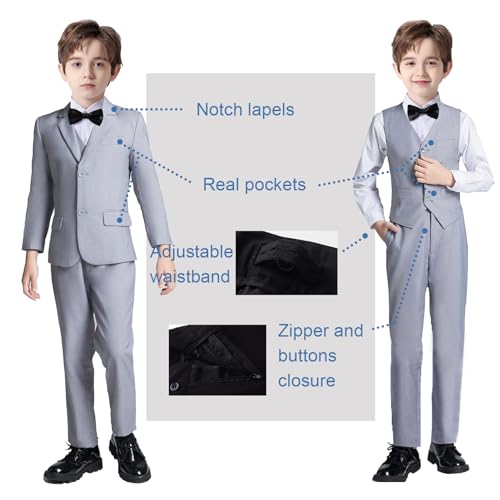 Image of Boy Suits 5 Pieces Formal Suit Set with Adjustable Waist Kids Dress Suit for Wedding Prom