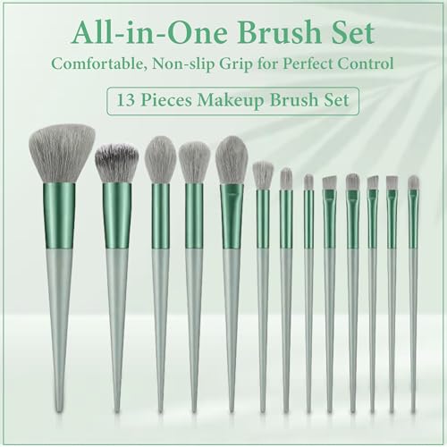 Image of GLUN Metallic Green Professional 13-Piece Makeup Brushes with Travel Bag, Face, Eye & Highlight Brushes