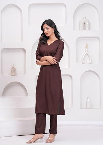 Image of Rayon Plain V Neck Kurta Pant Set for Women and Girls