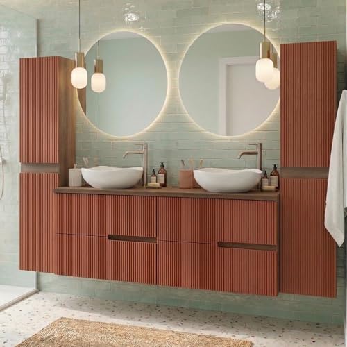 SANIVERRE Ensemble Meuble Double Vasque à Poser L. 120 cm + 2 colonnes Chêne Moka 4 tiroirs Brique cannelé Collection Salle de Bain EVA