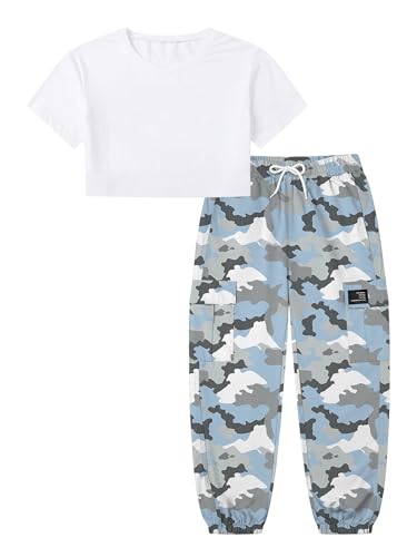Image of Betusline Girls 2 Piece Set, White Print Cute Short Sleeve Crop Tops + Blue Grey Camo Cargo Jogger Pants Clothes, 7-8Y = Tag 140