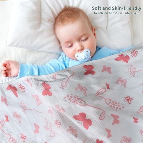 Image of Muslin Swaddle Blankets for Newborn, 2 Pack Breathable Soft Receiving Blanket, Large 41 x 41 inches Swaddle Wrap Burping Clothes, Essentials Infant Shower Items. (Gray & Pink Butterfly)