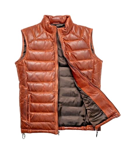 Image of Zulin Brown Distressed Quilted Puffer Down Leather Vest Men| Lightweight vest men | Down leather real men vest |