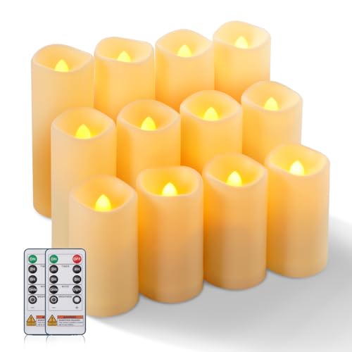 Image of Raycare 12pcs Large Waterproof Outdoor Flameless Candle, Battery Operated LED Candles with Remote Control and Timer, Flickering Electric Fake Plastic Pillar Candles, Ivory, D 2.2 inch x H 4 inch 5 inch 6 inch