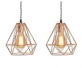 EFINEHOME Set of 2 Vintage Industrial Rose Gold Metal Cage Pendant Light Hard-Wired 1-Light Ceiling...