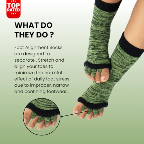 Image of DIRTS Original Foot Alignment 5-Toe Separator Orthopedic Cotton Socks for Women & Men - Bunion Corrector & Plantar Fasciitis Support (Green, Large)