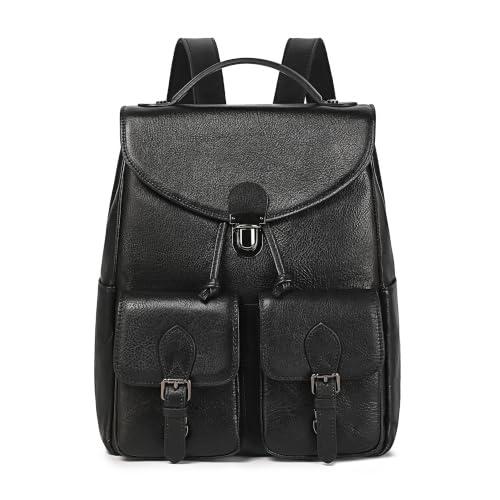 Image of COOLCY Women Vintage Genuine Leather Backpack Purse Fashion Rucksack Practical and Stylish Retro Daypack Bag (Black)