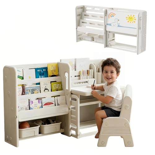 La mejor comparación de Juegos de mesa y sillas los mejores 5. 44 MYXSRI Mesa con Sillas para Niños, Convertible 4 En 1 Juegos de Mesa y Silla con Estantería, Juguetero Organizador, Tablero de Dibujo de Escritorio, Mesa para Jugar, Leer,...