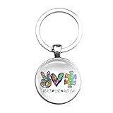 Einzigartiges Design Schlüsselanhänger Glas - Peace Love Autism, silberfarben