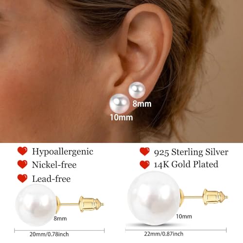 Hypoallergenic Pearl Earrings for Women 8-10 mm White Big Pearl Stud Earrings Set Nickel Free 12 Pairs Fake Pearls Earring Jewelry Gift for Bridal Wedding Christmas2