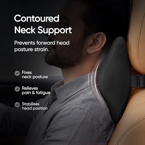 Image of Frido Premium Car Neck Rest Pillow with Ergonomic Memory Foam Headrest Cushion and Luxe Leatherette Cover, Comfortable Neck Support for Driving, Relieves Neck Pain for Long Drives and Travel | Black