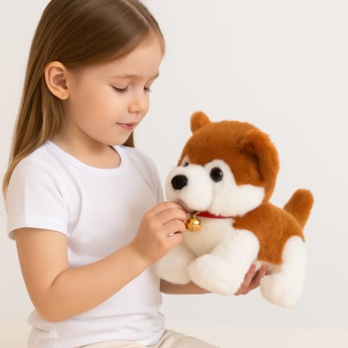 Image of Realistic Dog Plush Toy with Bell - 22cm Soft Stuffed Puppy for Kids | Cute Small Puppy Doll with Brown & White Fur for Boys & Girls
