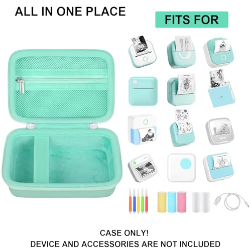 Image of Carrying Case for cudinham Print Pods Mini Printer, Thermal Inkless Sticker Maker Storage Holder Bag with Mesh Pocket for Rolls Print Pods Printing Paper, Power Cable, Green