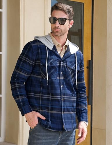 MAGCOMSEN Men's Quilted Lined Flannel Hoodie Jacket Cotton Button Down Shirt Jacket Long Sleeve Plaid Shirt Shacket3