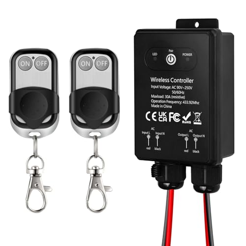 Interruptor Remoto Impermeable Inalámbrico AC 220V/240V/230V, con Relé de 30A y Alcance de 50m, para Control de Bombas, Interruptor Exterior, Luminarias, Zonas Húmedas, Exteriores, Bombas