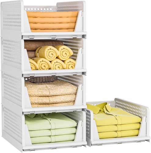 Image of HOMIFLY Pack of 5 Large Foldable Cloth Storage Organizer /Stackable Wardrobe Organizer For Clothes /Multipurpose Sliding Basket /Rack Organiser for Storage /Shirt Stacker Box (44 x 33 x 91 cm, White)