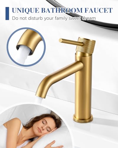 Wasserhahn Bad Waschtischarmatur Gold, Armatur Badezimmer mit Auslauf Höhe 105 mm, Einhebelarmatur Golden, Bad Mischbatterie Edelstahl