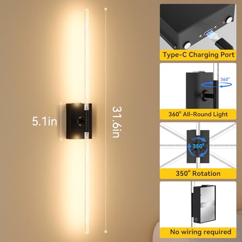 Image of Battery Operated Wall Sconces Set of 2, Remote, 10000mAh, Black, Bubble