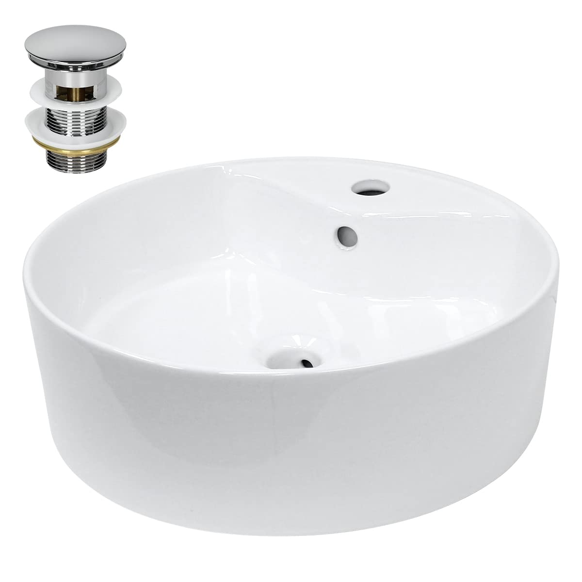 LuxeBath Lavabo Cerámico Redondo con Agujero Conexión Estandar - Blanco - Lavamanos sobre Encimera - 460 x 460 x 155 mm - Diseño Moderno - Fregadero con Juego de Desagüe - Realza Cada Baño o Aseo