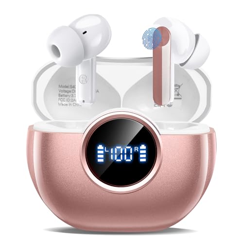 Wireless Earbuds 2025 NEW Bluetooth 5.4 Headphones Bass 3D Stereo,In-Ear Pink Earphones with 4 ENC Noise Cancelling Mic,48H Playtime with LED Display, IPX7 Waterproof for Laptop Android iOS, Rose Gold