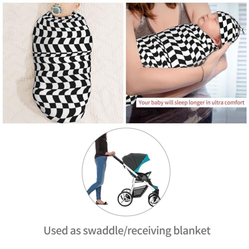Image of Black White Racing and Checkered Pattern Newborn Swaddle Blankets Hat Sets Soft Baby Receiving Blanket Swaddle Sack for Baby Shower Infant Boy Girl Gift