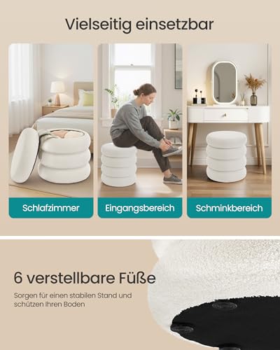 SONGMICS Schminkhocker, Hocker mit Stauraum, runder Sitzhocker, Polsterhocker, Fußhocker, Deckel abnehmbar, Wohnzimmer Schlafzimmer Flur, einfacher Aufbau, 43 x 47 cm, Fleece, weiß LOM015WD01