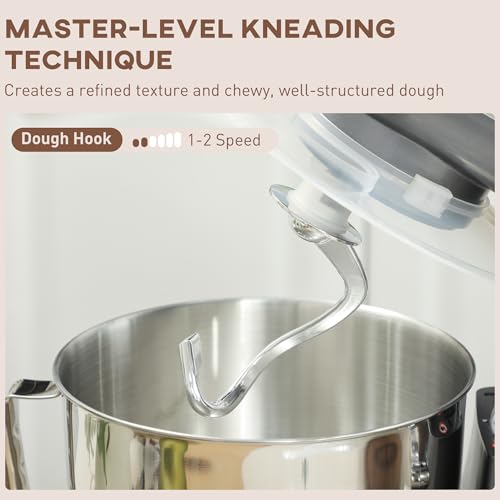 HOMCOM Stand Mixer, 4.5L Food Mixer for Baking, 6 Speeds and Pulse Setting, 1300W Cake Electric Whisk with Dough Hook, Whisk, Stainless Steel Bowl, Splash Guard, Beater, Silver Tone - Image 5